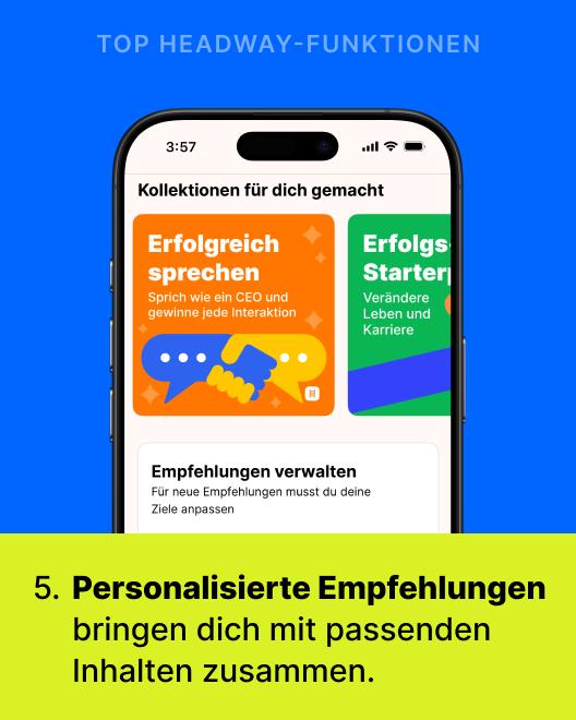 Smartphone zeigt personalisierte Empfehlungen in der Headway App mit Sammlungen wie How to Talk to Succeed und Think Like a CEO auf grünem Hintergrund