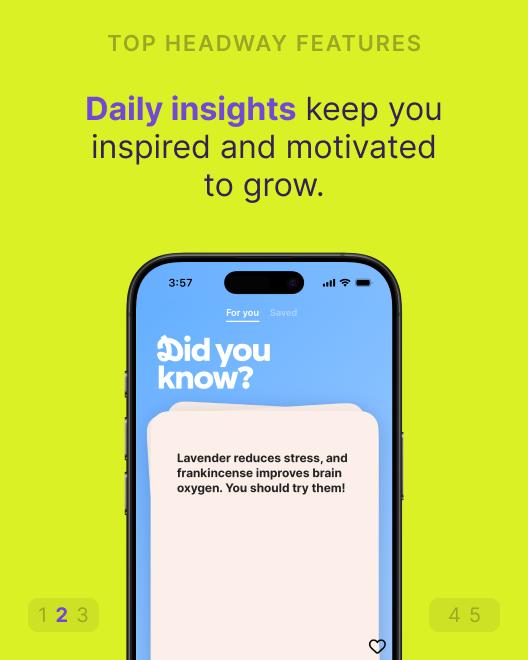 Smartphone showing the Headway app daily insights feature with a Did you know fact card, one of the top apps for book lovers, on a bright green background