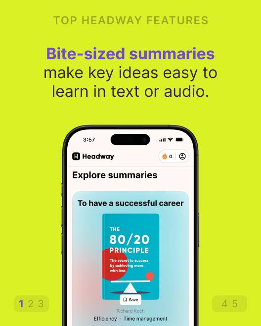 Headway app displayed on a smartphone showing bite-sized book summaries like The 80 20 Principle, one of the top book apps for book lovers on a lime green background