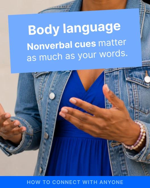 Woman in a denim jacket and blue dress gesturing with her hands, illustrating body language and nonverbal communication
