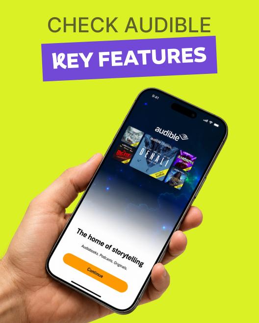 Hand holding smartphone displaying Audible app home screen, one of the top apps for book lovers offering audiobooks, podcasts and originals, on lime green background