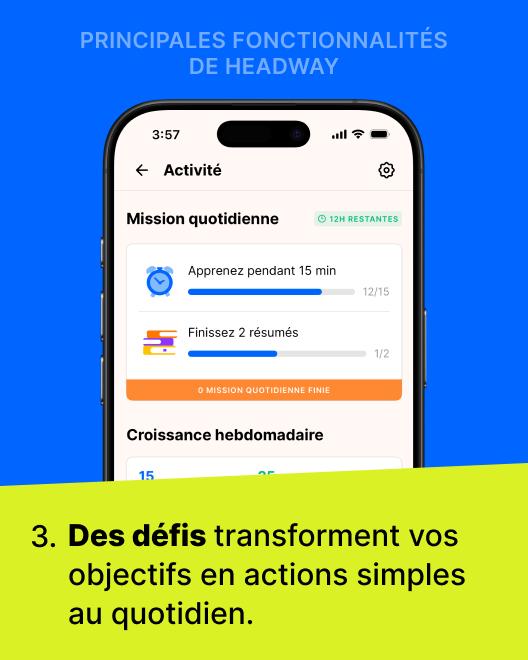 Avis sur Headway montrant l'écran Activité avec la mission quotidienne et le suivi de croissance hebdomadaire sur fond bleu, illustrant les défis quotidiens de l'application