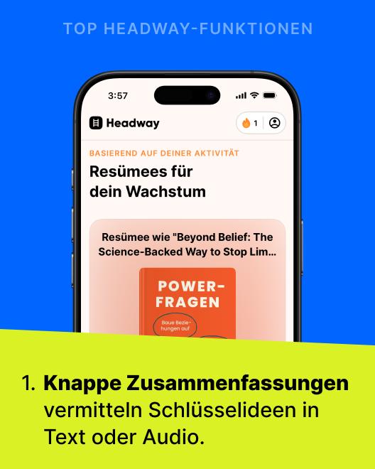 Headway App zeigt auf einem Smartphone die Funktion Explore summaries mit der Zusammenfassung des Buches The 80 20 Principle vor grünem Hintergrund