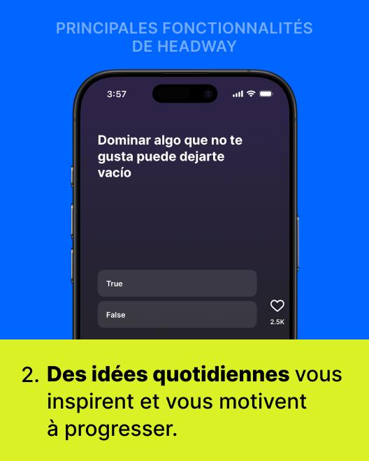 Avis sur Headway montrant l'application sur smartphone avec un quiz vrai ou faux et une idée quotidienne inspirante sur fond bleu vif