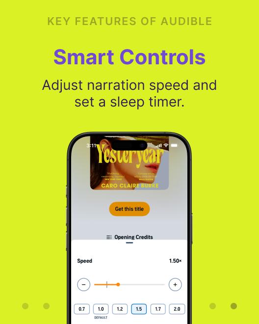 Audible app showing Smart Controls to adjust narration speed and set a sleep timer, one of the best reading apps for book lovers