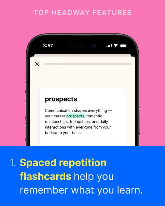 Headway app spaced repetition flashcard feature on a smartphone showing the word prospects with its definition, highlighting a top learning tool on a pink and blue background