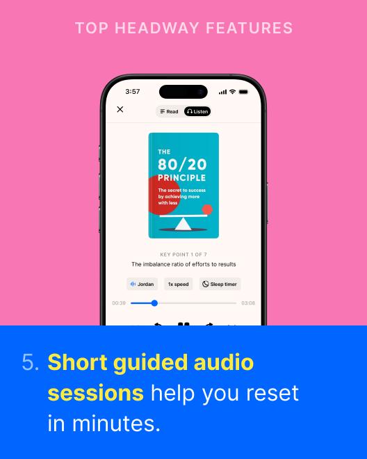 Headway app displaying The 80 20 Principle summary with audio playback controls, showcasing short guided audio sessions among top Headway features on a smartphone against a pink background