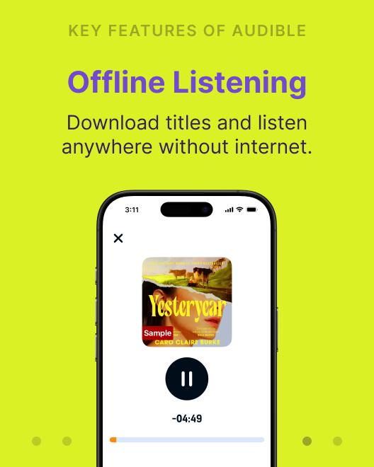 Audible offline listening feature on a smartphone playing the audiobook Yesteryear, highlighting apps for book lovers on a bright green background