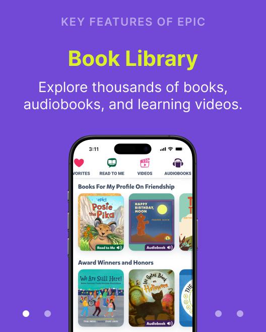 Epic reading app on smartphone showing book library with kids titles like Posie the Pika, one of the top apps for book lovers