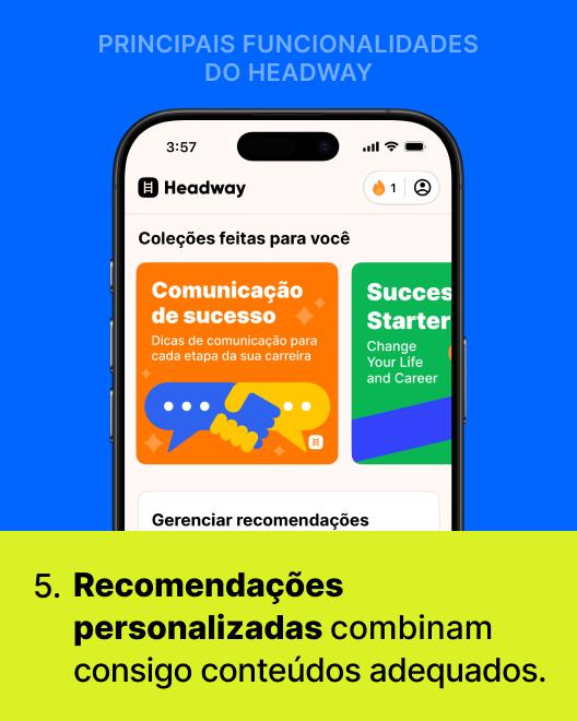 Análise da Headway mostrando o app em um smartphone com coleções personalizadas de recomendações como Comunicação de sucesso e Success Starter sobre fundo azul