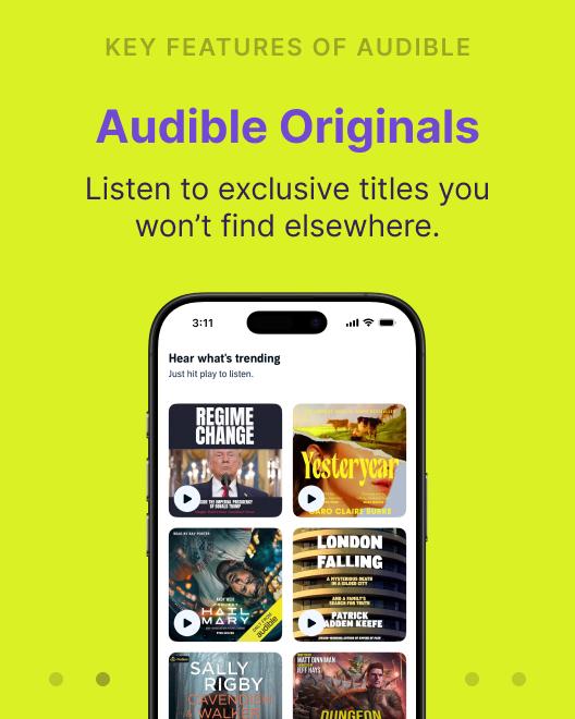 Audible Originals feature on a smartphone showing trending exclusive titles like Regime Change and London Falling, one of the top book apps for readers