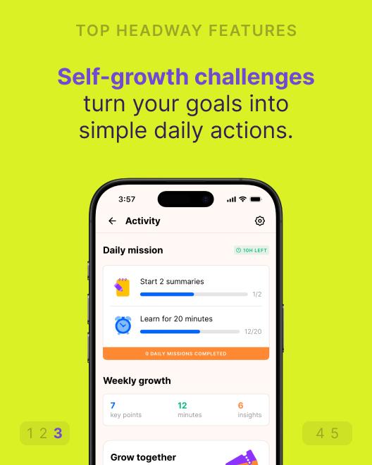 Smartphone displaying the Headway app Activity screen with daily missions and weekly growth stats, one of the top apps for book lovers seeking self-growth challenges on a lime green background
