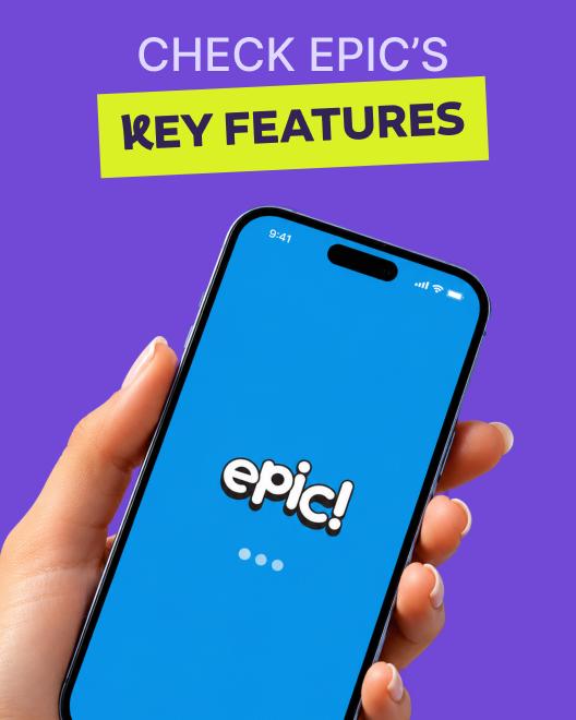 Hand holding a smartphone displaying the Epic reading app on a purple background, highlighting key features of book apps