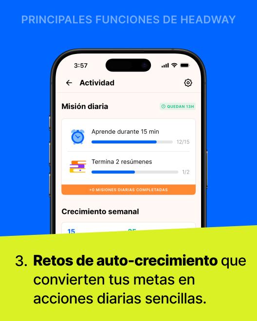 Reseña de Headway mostrando la pantalla de actividad con misión diaria, retos de auto-crecimiento y progreso semanal en un smartphone sobre fondo azul y verde