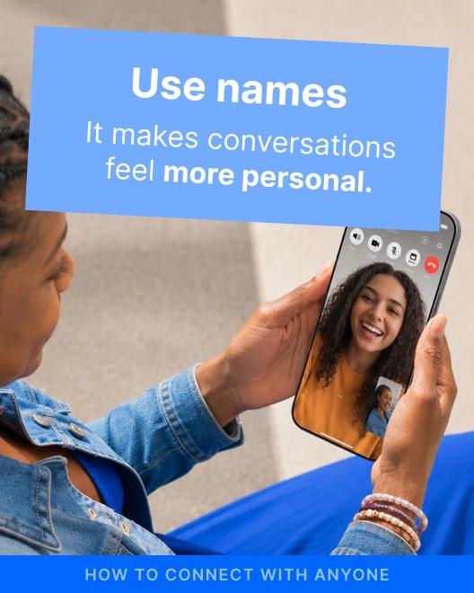 Woman in denim jacket holding a smartphone during a video call, illustrating how to talk to anyone