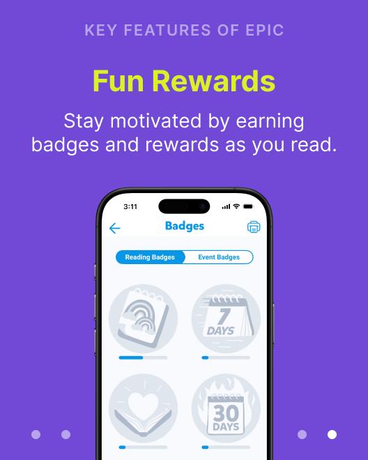 Epic reading app on smartphone showing a Badges screen with reading rewards, one of the top apps for book lovers to stay