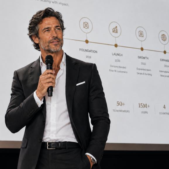Confident businessman in a black suit speaking into a microphone during a Headway app leadership presentation, with a company growth timeline and milestone stats displayed behind him@2x