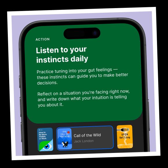 An iPhone mockup with the headway app interface with key learning from book summary