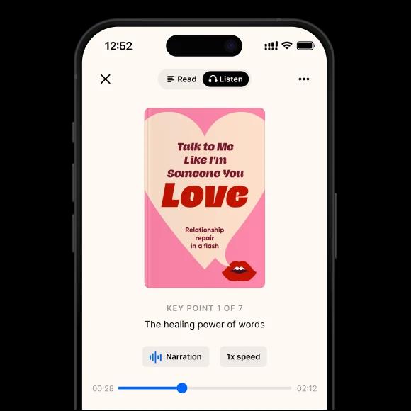 A phone mockup with a Headway Talk to Me Like I'm Someone You Love book summary