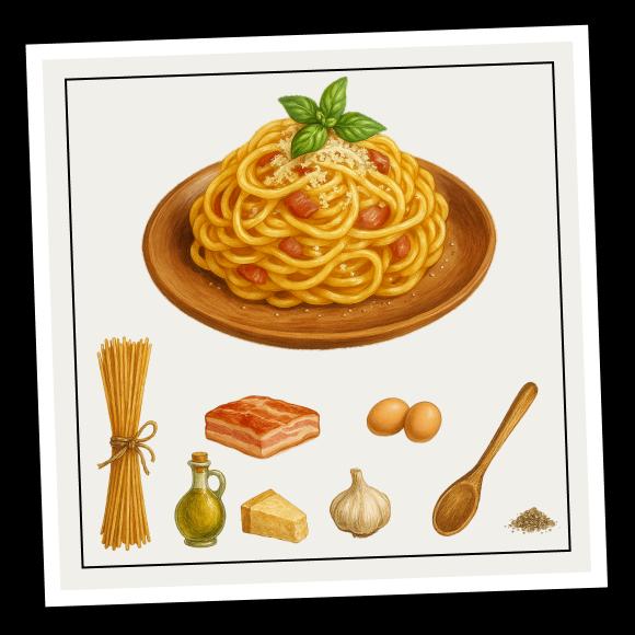 Pasta carbonara on the plate with its ingredients