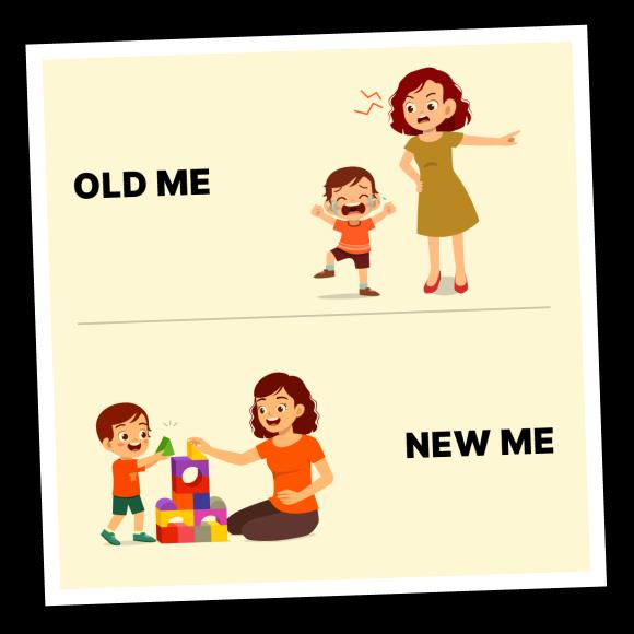 Angry mom with a crying child and the mom playing with her child