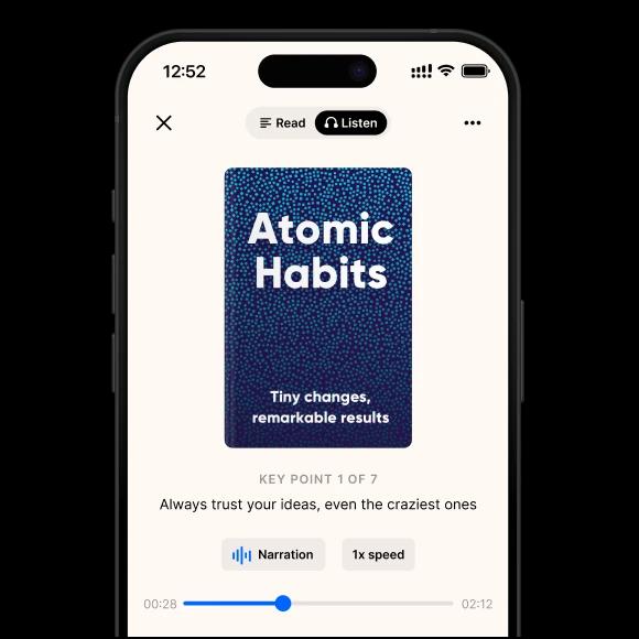 A phone mockup with a Headway Atomic habits book summary