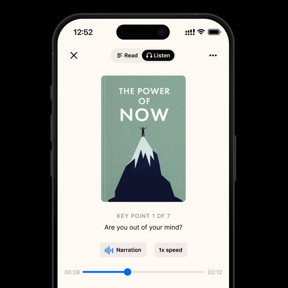 A phone mockup with a Headway the power of now book summary