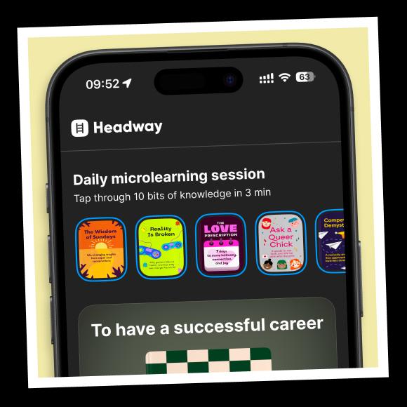 An iPhone mockup with headway interface with daily microlearning sessions