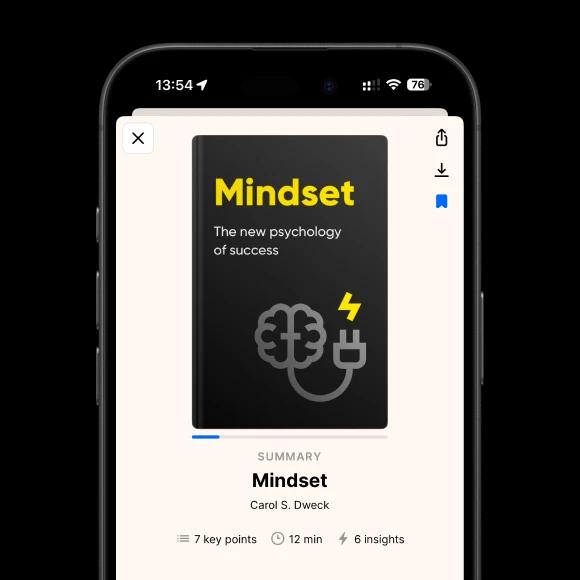 A phone mockup with mindset by carol dweck book summary by Headway app