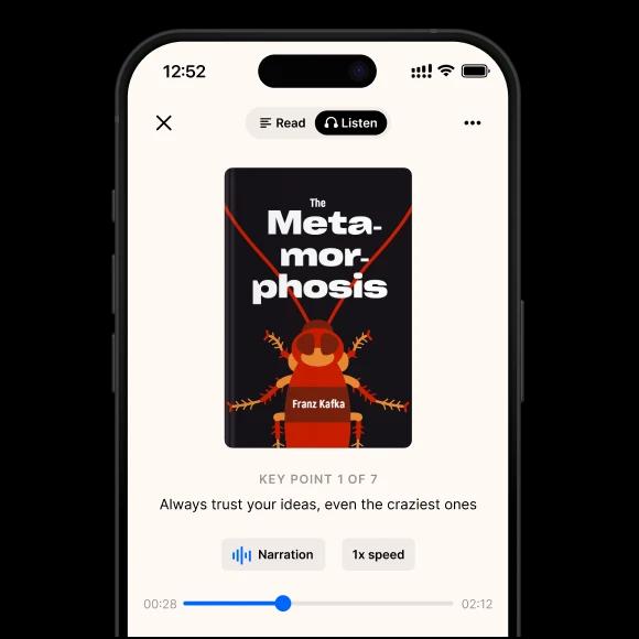 A phone mockup with a Headway the metamorphosis book summary
