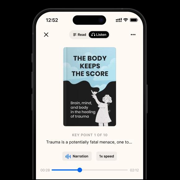 A phone mockup with a The body keeps the score book summary by the Headway app