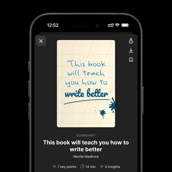 A phone mockup with this book will teach you how to write better by neville medhora book summary by Headway app