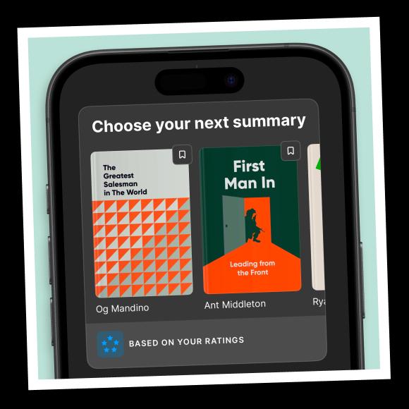 An iPhone mockup with headway app interface with the list of personalized book summaries recommendations based on your ratings