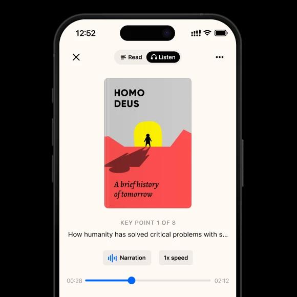 A phone mockup with a Headway homo deus book summary