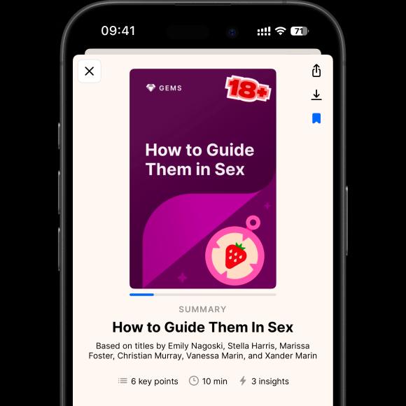 Smartphone displaying the Headway app summary titled How to Guide Them in Sex with a purple book cover, key points, reading time, and insights on the screen
