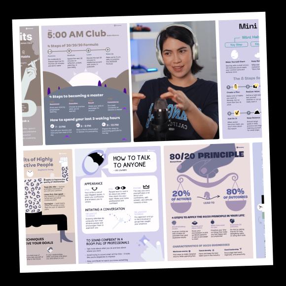 Row of infographics along with a portrait of a girl in headphones