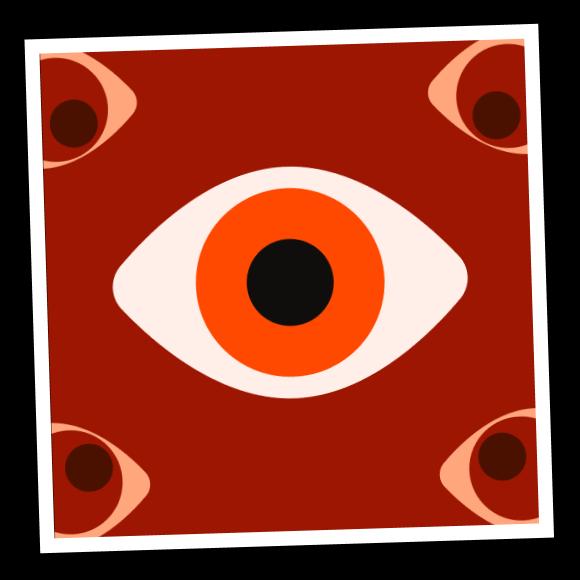 An eye with orange iris and four more eyes looking at it.webp