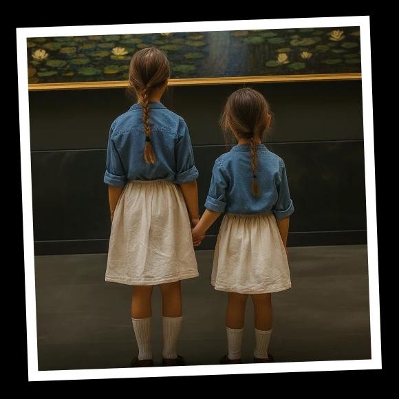 Two little girls in blue shirts are holding hands in front of picture