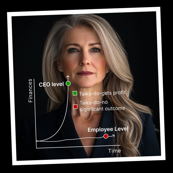 An old woman with gray hair and makeup in a suite