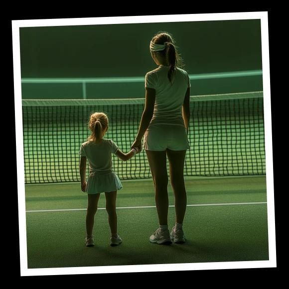 Mother and little girl are holding hands in front of tennis net