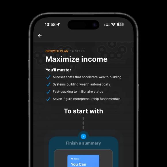 A phone mockup with maximize your income tips and book summeries on the topic