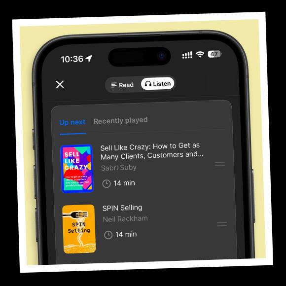 An iPhone mockup with headway app interface with the list of personalized book summaries suggestions