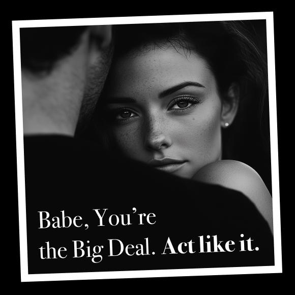 Beautiful woman looks right from behind man's shoulder