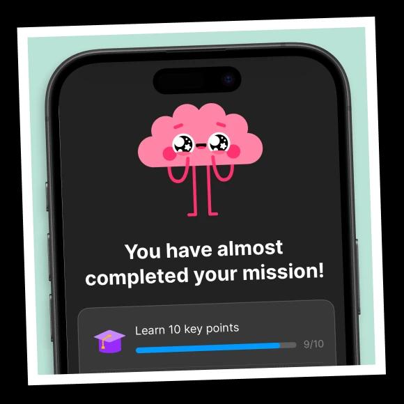 An iPhone mockup with headway app achievements and illustraited brain