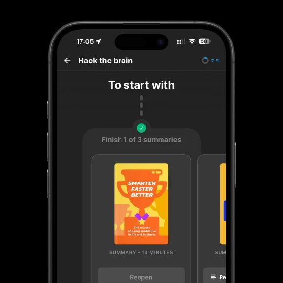 A phone mockup with smarter faster better book summary and Headway growth plan