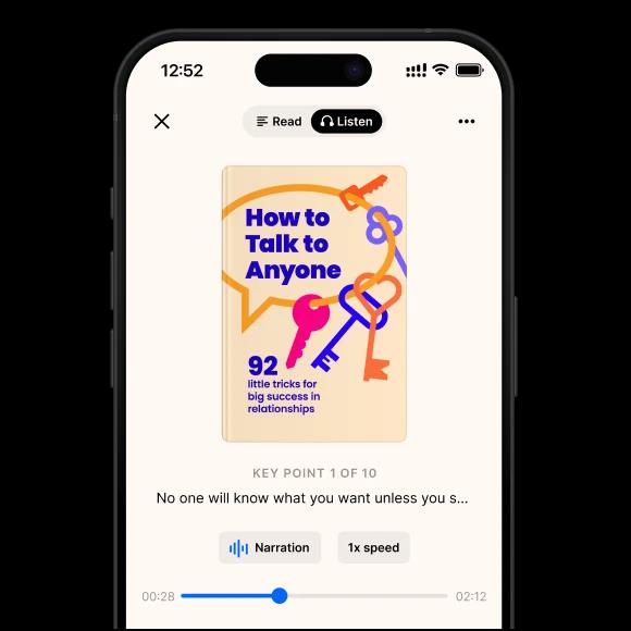 A phone mockup with a Headway how to talk to anyone book summary