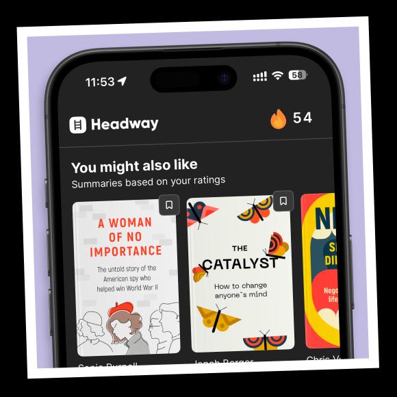 An iPhone mockup with headway interface with your next book summaries suggestions