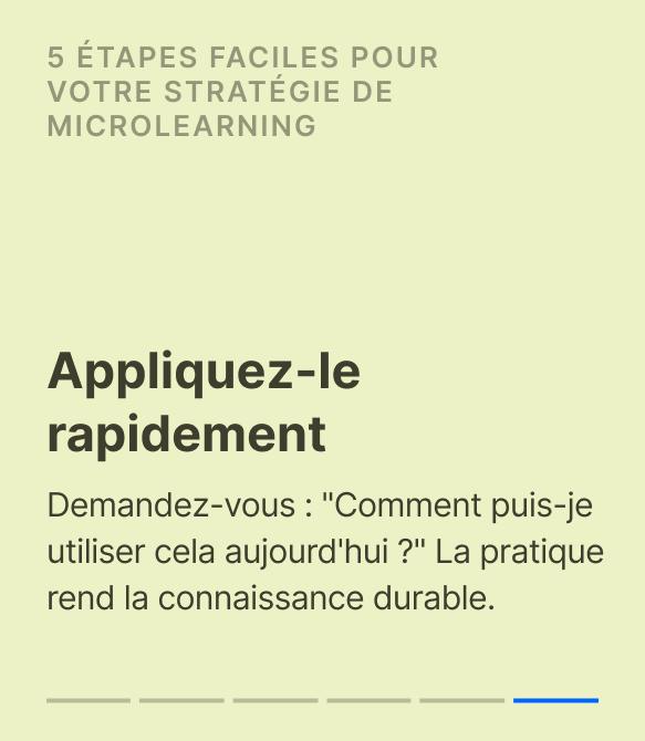 Slide sur fond vert présentant l'étape « Appliquez-le rapidement » d'une stratégie de microapprentissage pour ancrer dur