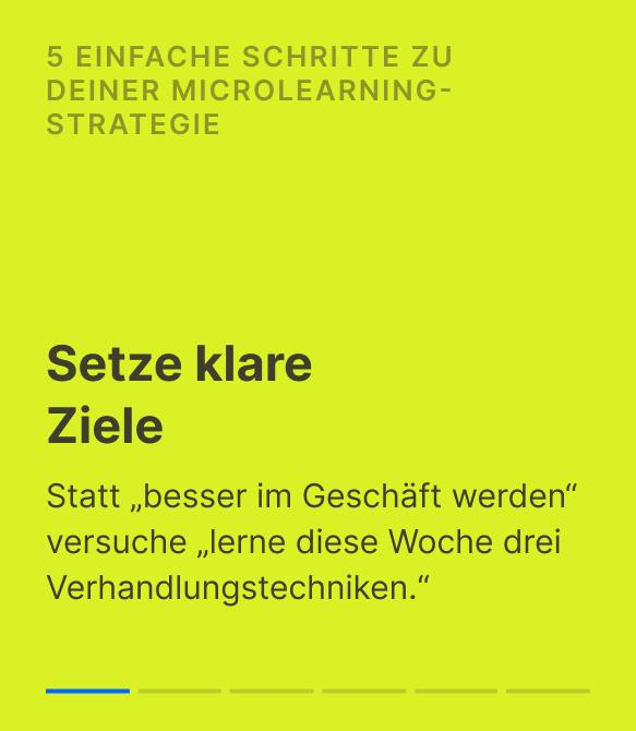 Erster Schritt zur Microlearning-Strategie mit dem Titel „Setze klare Ziele“ auf limettengrünem Hintergrund, der erklärt