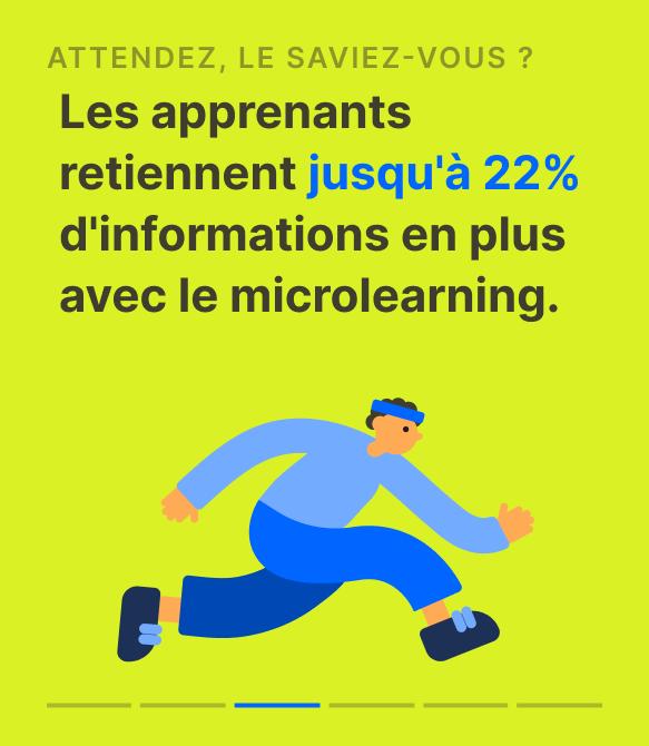 Illustration d'un personnage courant sur fond vert vif accompagnant une statistique sur le microapprentissage, indiquant
